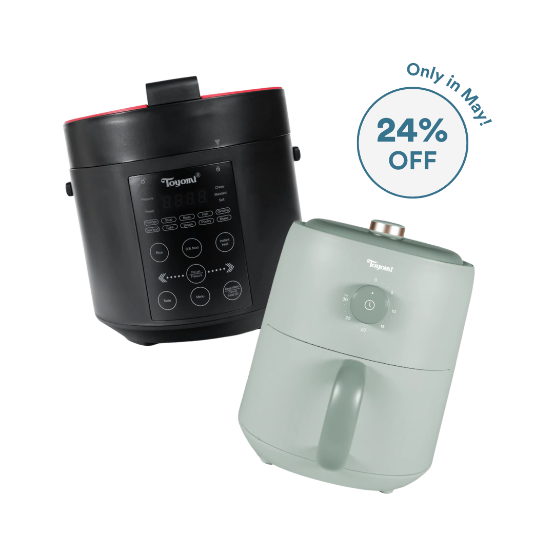 Fast & Flavourful Duo (TOYOMI 2L Micro-com Pressure Cooker & Rice Cooker with Duo Pot PC 2001 + 3.2L Matte Palette Air Fryer AF 3255) Bundle