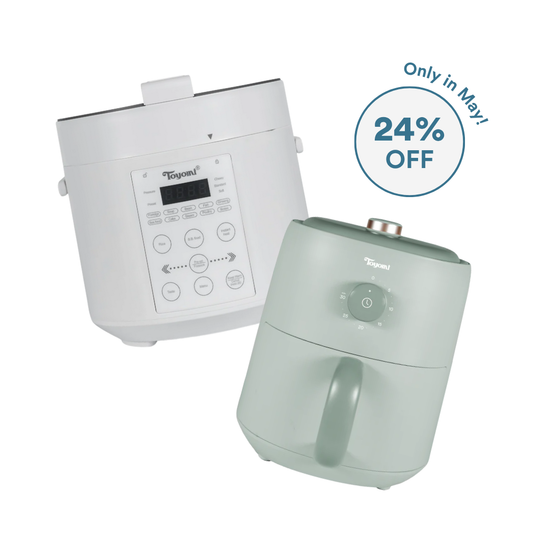 Fast & Flavourful Duo (TOYOMI 2L Micro-com Pressure Cooker & Rice Cooker with Duo Pot PC 2001 + 3.2L Matte Palette Air Fryer AF 3255) Bundle