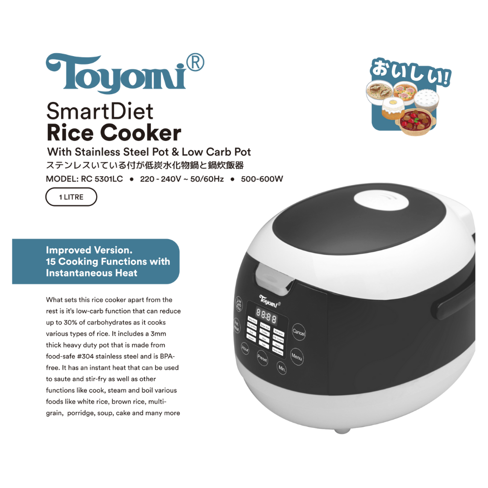 TOYOMI 1L SmartDiet Rice Cooker with Stainless Steel & Low Carb Rice Pot RC 5301LC - TOYOMI